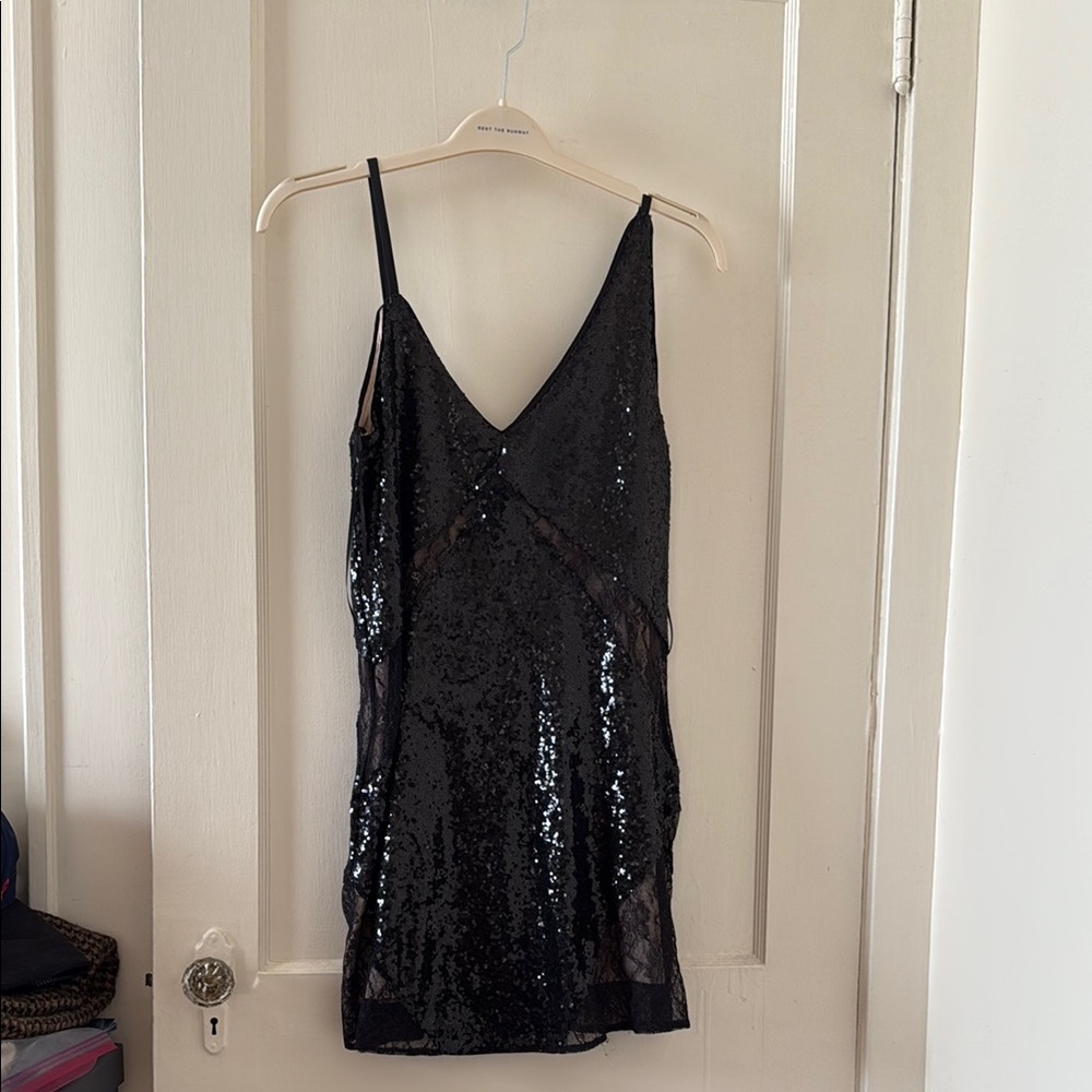 Asymmetrical Black Sequin Slip Dress